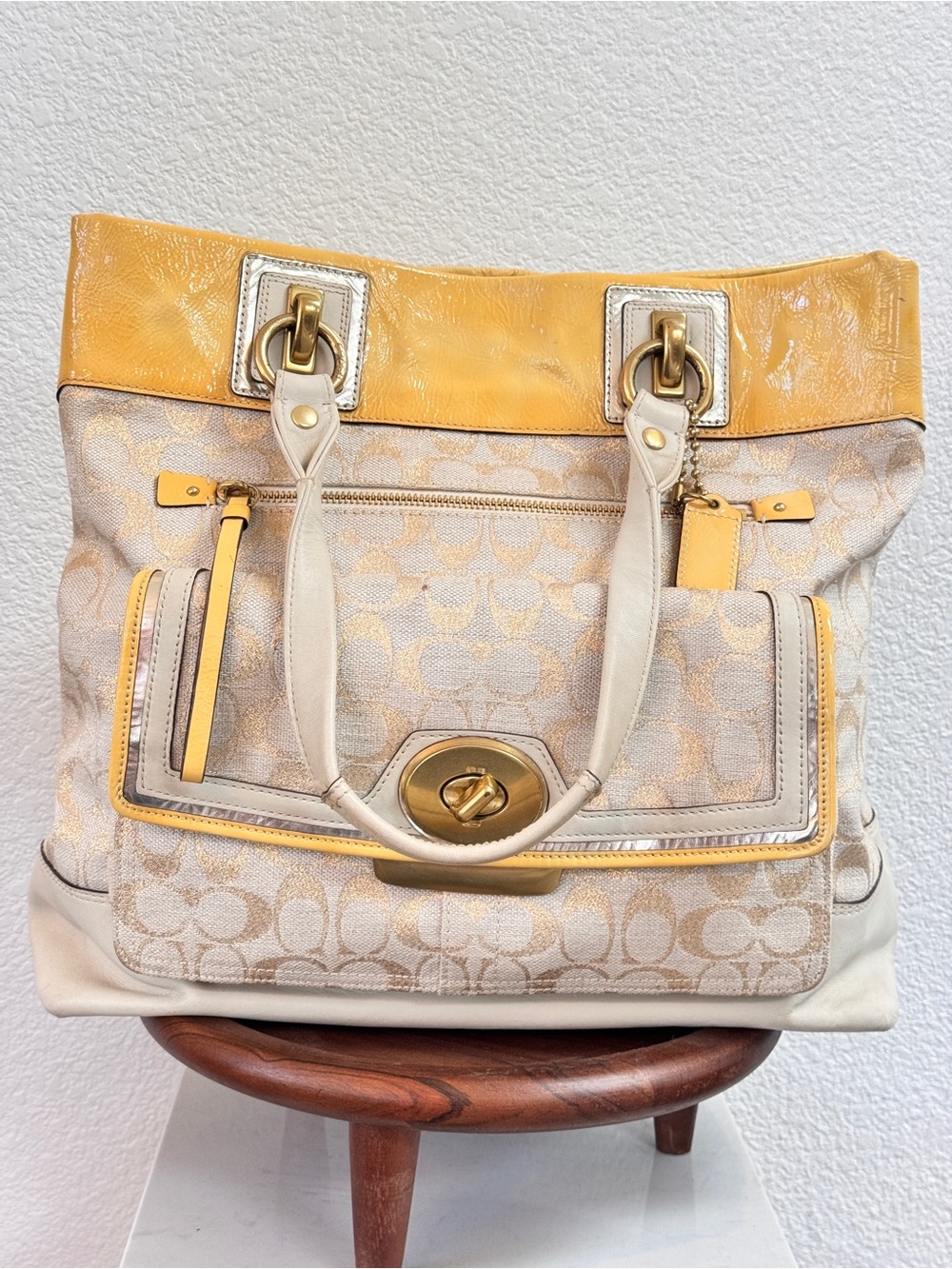 VINTAGE Coach Penelope Tote with Cream Jacquard and Yellow Leather Trim